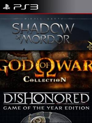 3 juegos en 1 Edición Legión de La Tierra Media: Sombras de Mordor mas God of War Collection mas  Dishonored Game of the Year Edition ps3 